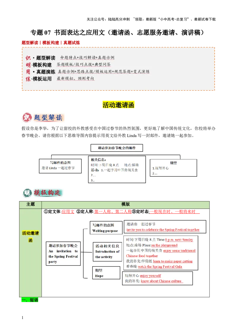 专题07书面表达之应用文（邀请函、志愿服务邀请、演讲稿）（答题模板）（解析版）_02中考总复习（2026版更新中）_03-英语-中考总复习_2025中考复习资料_2025年中考英语答题方法模板