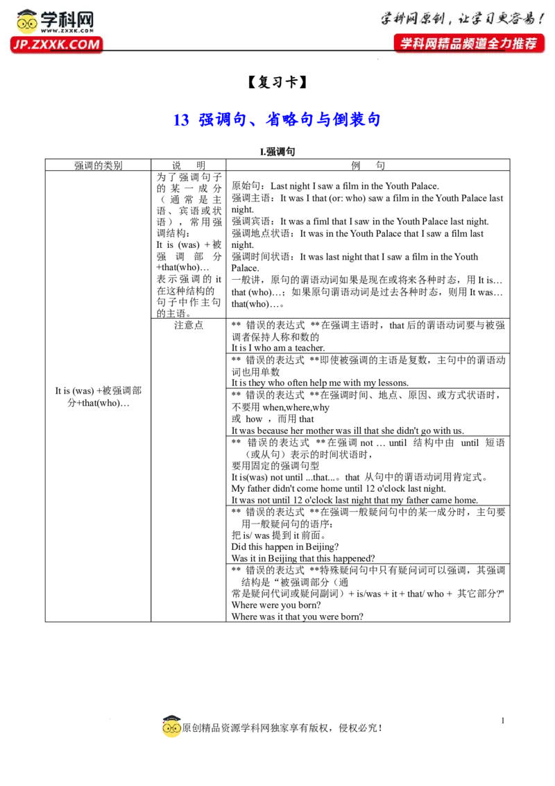 13强调句、省略句与倒装句(复习卡)-2024年高考英语一轮复习语法能力突破必备(PPT+复习卡+精练题)(通用版)_03高考英语_通用版（老高考）复习资料_2024年复习资料