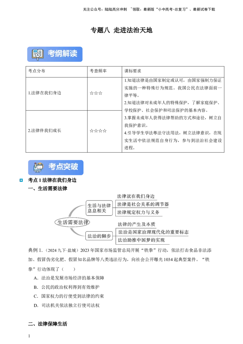 新课标&middot;新思维专题八走进法治天地--2025年中考道法一轮复习学案（含解析）_02中考总复习（2026版更新中）_07-道法-中考总复习_2025中考复习资料_2025年道德与法治中考一轮复习学案