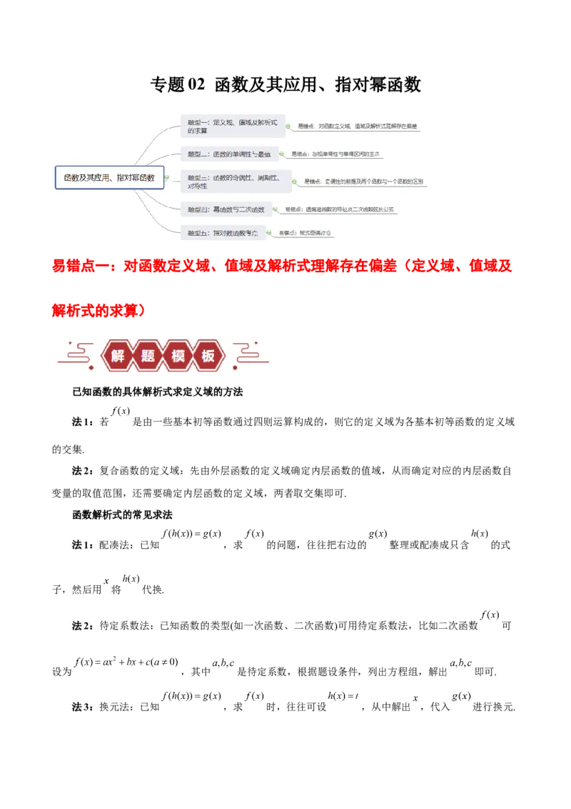 专题02函数及其应用、指对幂函数（5大易错点分析+解题模板+举一反三+易错题通关）-备战2024年高考数学考试易错题（新高考专用）（原卷版）_02高考数学_新高考复习资料_专项复习资料