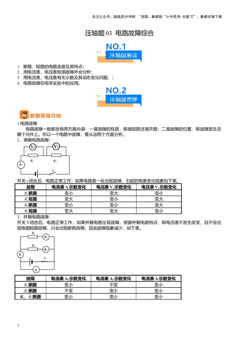 压轴题03电路故障综合（原卷版）_02中考总复习（2026版更新中）_04-物理-中考总复习_2024年中考复习资料_三轮复习_2024年中考物理压轴题专项训练（全国通用）