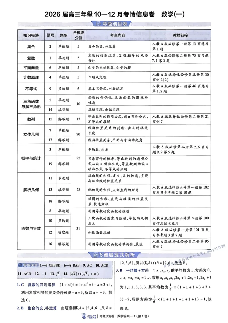 2026新高考《金考卷&bull;百校联盟》（高考预测卷)（数学）解析_2026版高中金考卷&bull;百校联盟高考预测卷（语数英）新高考