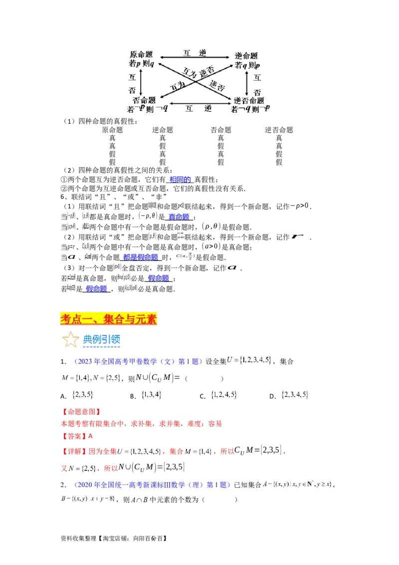 专题01集合与常用逻辑用语（教师版）_02高考数学_通用版（老高考）复习资料_2024年复习资料_完备战2024年高考数学一轮复习考点帮（全国通用）_核心考点讲练