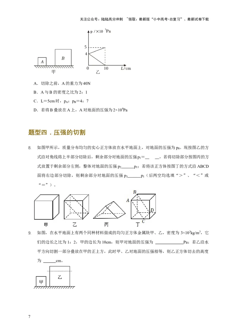 易错点08理解压力、压强的定义去分析压强叠放（切割）问题（4陷阱点5题型）（原卷版）_02中考总复习（2026版更新中）_04-物理-中考总复习_2025年中考复习资料