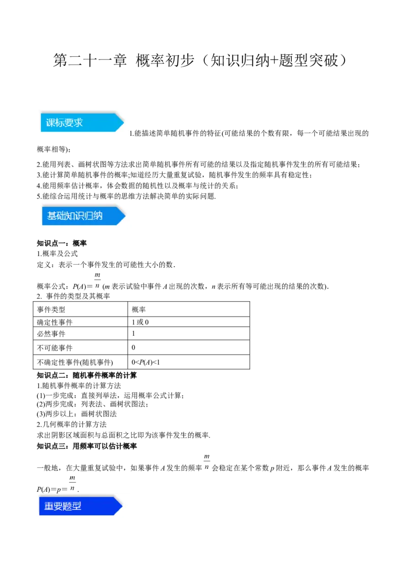 第二十五章概率初步（知识归纳+题型突破）（五大题型，96题）（学生版）-（人教版）_初中数学_九年级数学上册（人教版）_知识点汇总-U105_2024版
