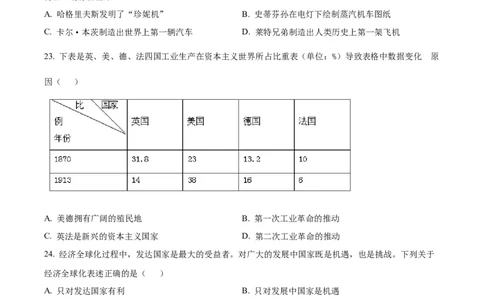 2019年贵州省遵义市中考历史真题（原卷版）_贵州中考_7.贵州中考历史（2008-2024）_遵义历史17-22