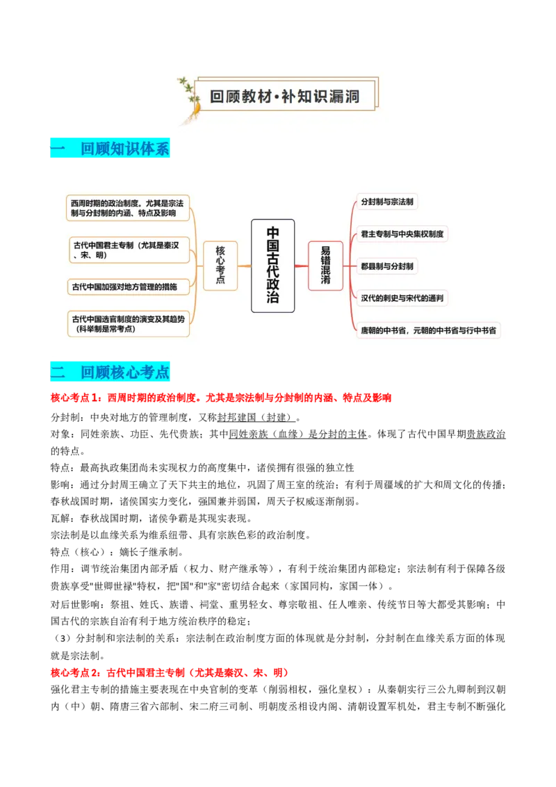 专题01中国古代政治（原卷版）_07高考历史_2024年新高考资料_52024三轮冲刺_查漏补缺2024年高考历史复习冲刺过关（新高考专用）