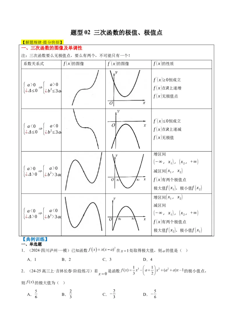 专题03三次函数的图像与性质（4大题型）-2025年高考数学二轮热点题型归纳与变式演练（新高考通用）（原卷版）_02高考数学_2025年新高考资料_二轮复习_一、题型突破