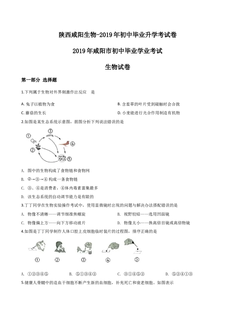 2019年陕西省咸阳市中考生物真题（空白卷）_陕西_6.陕西中考生物（2016-2025）