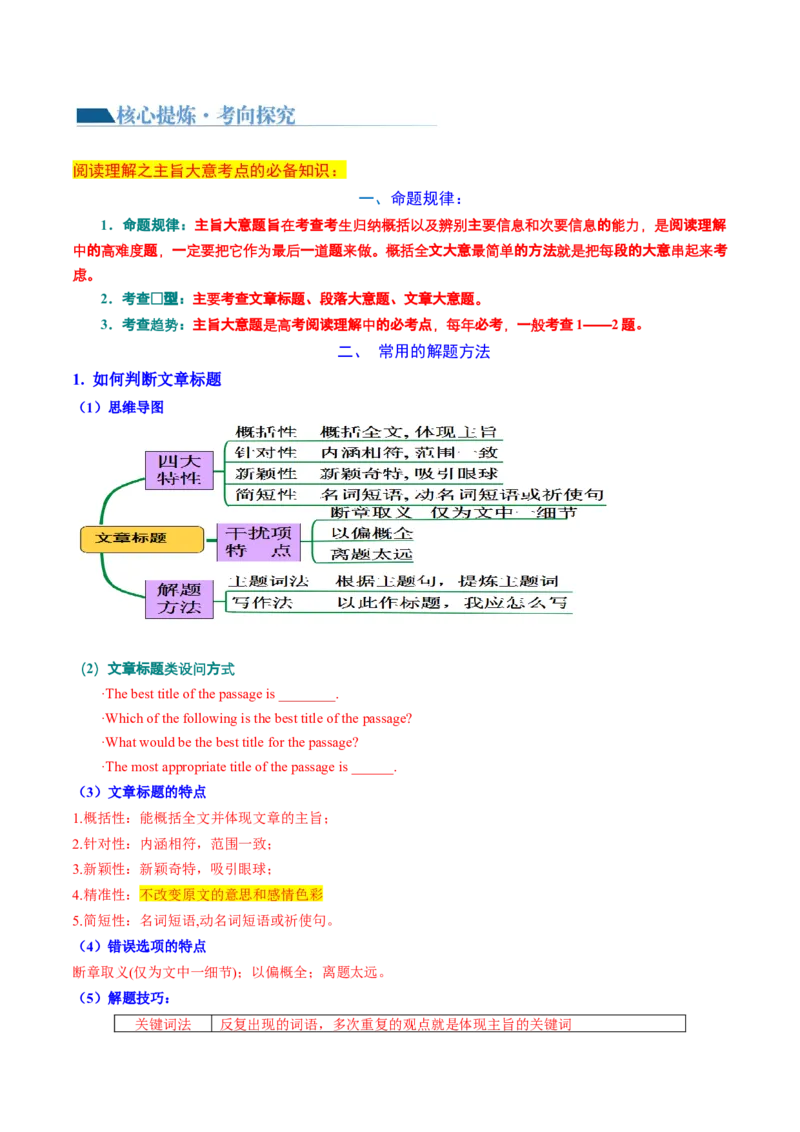 专题02阅读理解之主旨大意题（讲义）（原卷版）_03高考英语_新高考复习资料_2024年新高考资料_二轮复习资料_2024年高考英语二轮复习讲练测（新教材新高考）_第二部分阅读