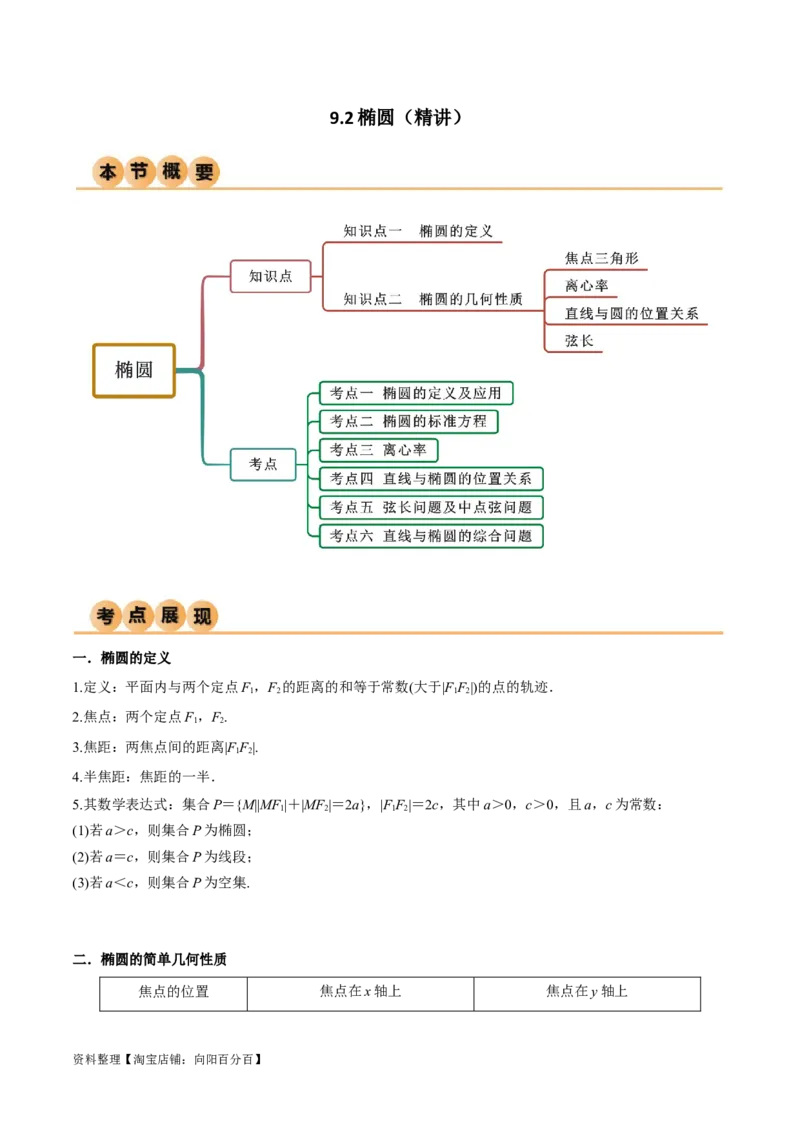 9.2椭圆（精讲）（教师版）_02高考数学_新高考复习资料_2024年新高考资料_一轮复习资料_完2024年高考数学一轮复习一隅三反系列（新高考）