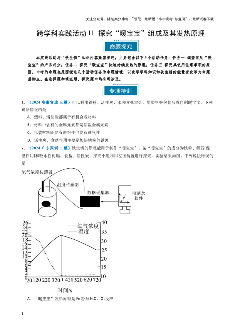 跨学科实践活动11探究暖宝宝组成及其发热原理（原卷版）_02中考总复习（2026版更新中）_05-化学-中考总复习_2025年中考复习资料_跨学科实践备战2025年中考化学命题专项突破