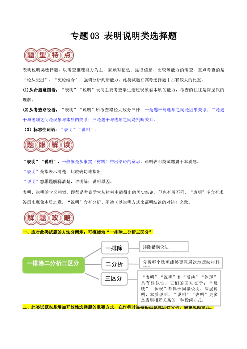 专题03表明说明类选择题（原卷版）_07高考历史_2024年新高考资料_2.2024二轮复习_2024年高考历史二轮热点题型归纳与变式演练（新高考通用）_选择题部分