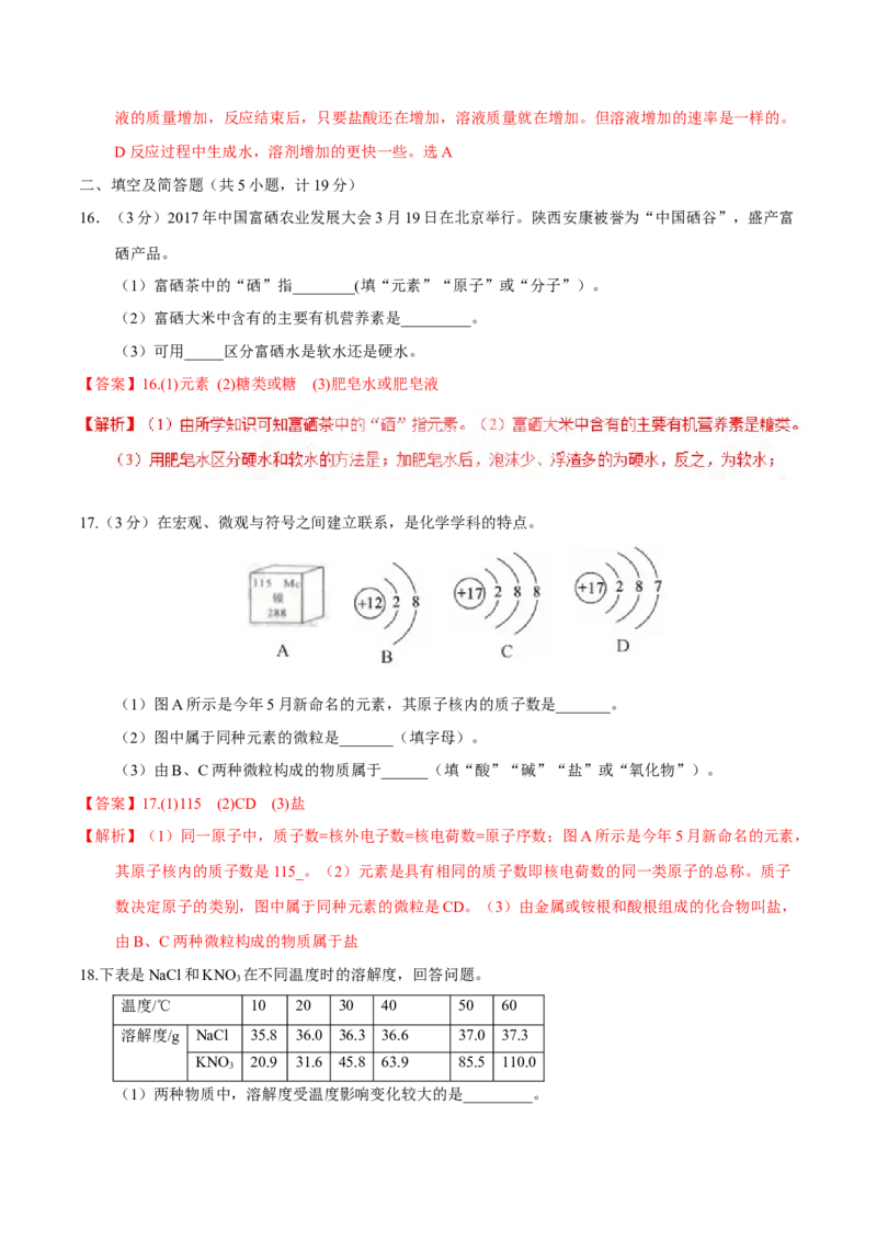 2017年陕西省中考化学真题（解析卷）_陕西_5.陕西中考化学（2008-2025）