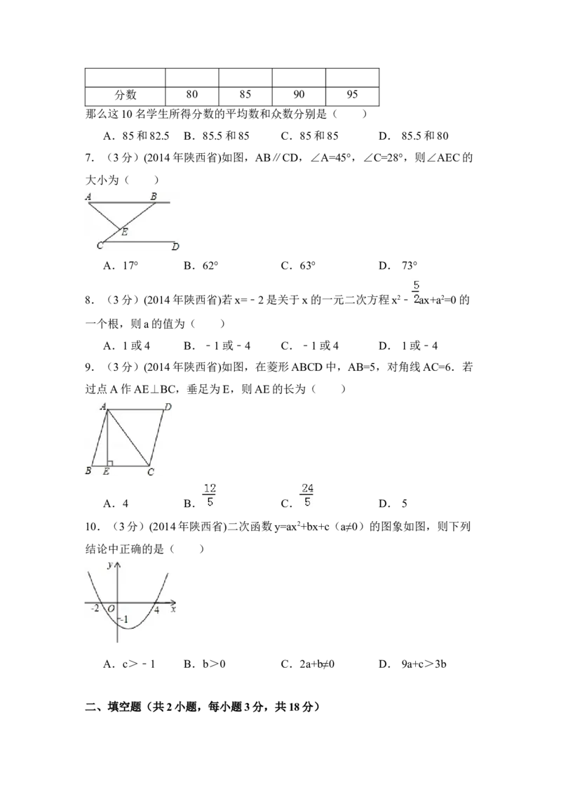 2014年陕西省中考数学真题（空白卷）_陕西_2.陕西中考数学（2008-2025）