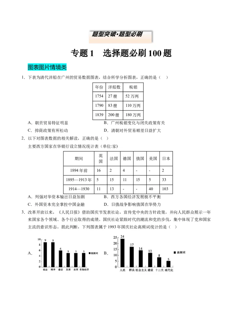 专题01题型必刷&middot;选择题必刷100题（原卷版）_07高考历史_2025年新高考资料_二轮复习_01高考语文等多个文件_2025年高考历史二轮热点题型归纳与变式演练（新高考通用）_题型突破&middot;题型必刷