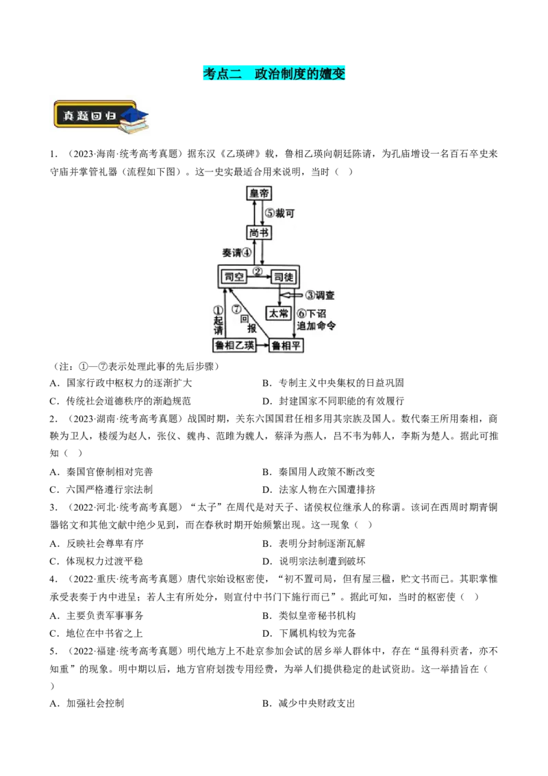 专题01古代中国的政治制度与国家治理（练习）（原卷版）_07高考历史_新高考复习资料_2024年新高考复习资料_二轮复习资料_2024年高考历史二轮复习讲练测（新教材新高考）_配套练习