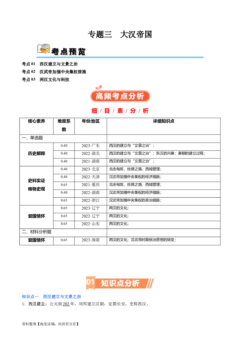 专题03大汉帝国（解析版）_07高考历史_新高考复习资料_2024年新高考复习资料_二轮复习资料_完2024年高考历史二轮专题复习高频考点追踪分析与预测_教师版（含答案解析）