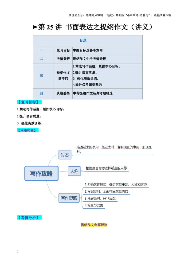 第25讲书面表达之提纲作文（讲义）-2024年中考英语一轮复习讲练测（全国通用）（原卷版）_02中考总复习（2026版更新中）_03-英语-中考总复习_2024年中考复习资料_一轮复习