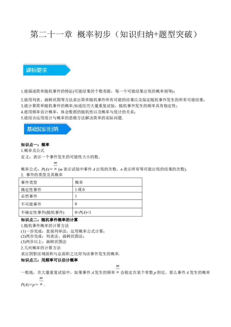 第二十五章概率初步（知识归纳+题型突破）（五大题型，96题）（教师版）-（人教版）_初中数学_九年级数学上册（人教版）_知识点汇总-U105_2024版