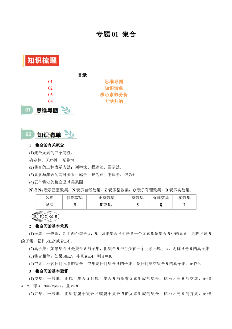 专题01集合（思维导图+知识清单+核心素养分析+方法归纳）_02高考数学_新高考复习资料_2025年新高考复习_2025年高考数学一轮复习《重难点题型与知识梳理&bull;高分突破》（新高考专用）