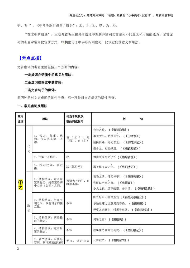 专题45文言文阅读之虚词（知识梳理+练习）(原卷版）_02中考总复习（2026版更新中）_01-语文-中考总复习_2025年中考资料_备战2025年中考语文一轮复习考点突破（全国通用）
