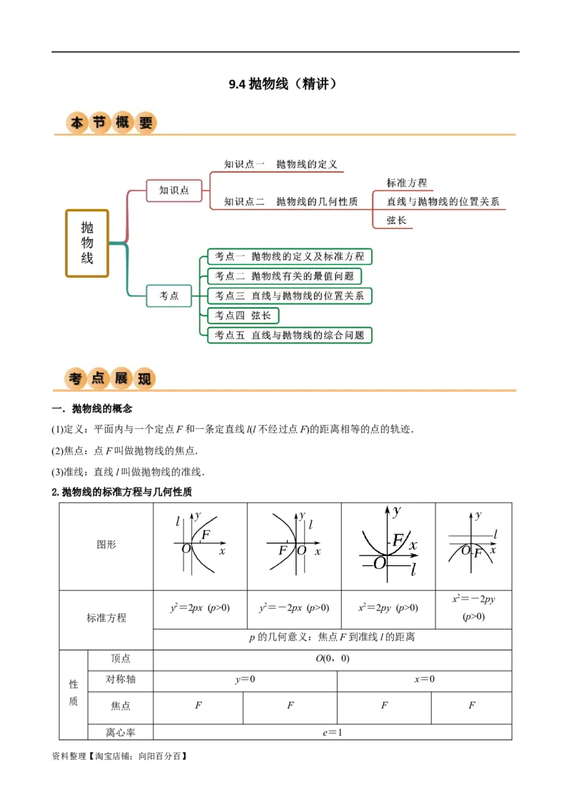 9.4抛物线（精讲）（教师版）_02高考数学_新高考复习资料_2024年新高考资料_一轮复习资料_完2024年高考数学一轮复习一隅三反系列（新高考）