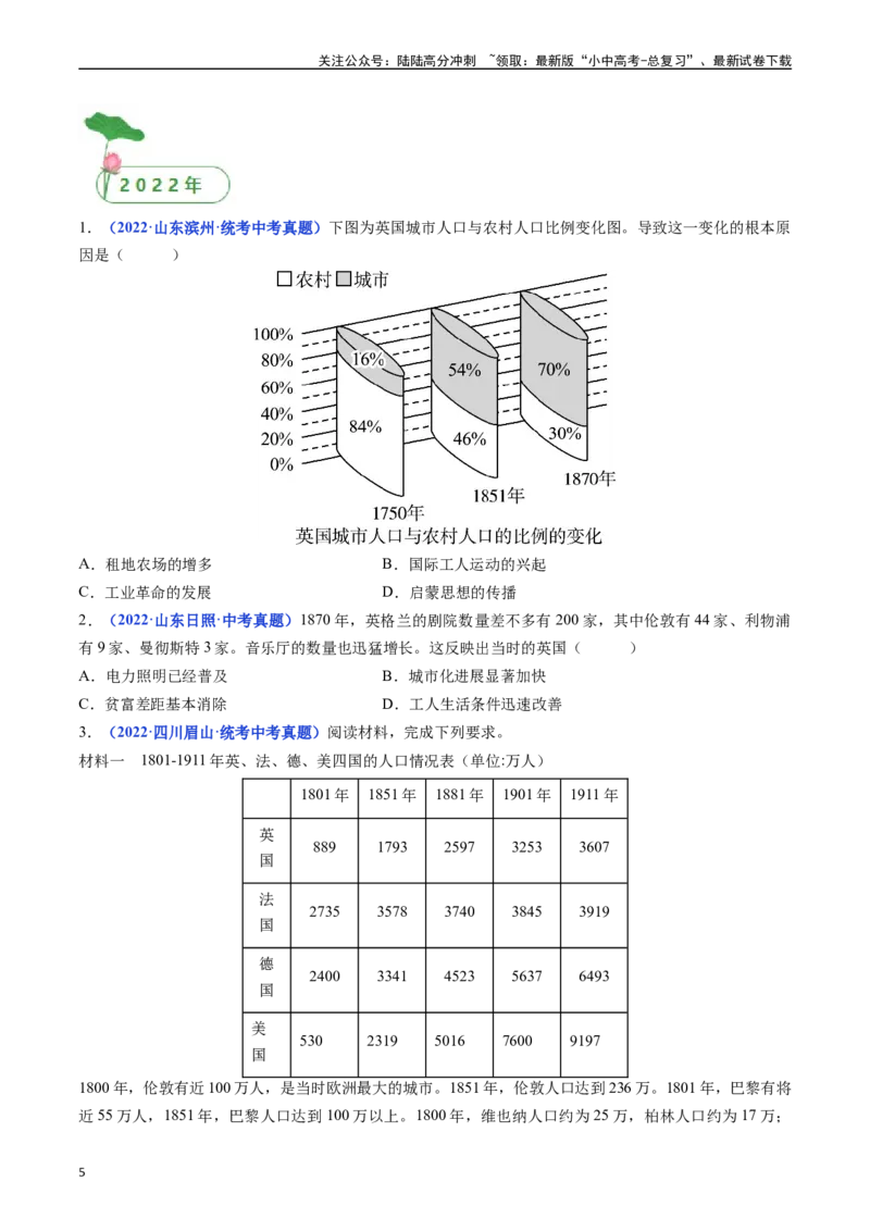 第6课工业化国家的社会变化（原卷版）_02中考总复习（2026版更新中）_06-历史-中考总复习_2024年中考复习资料_专项复习资料_完三年（2021-2023）中考历史真题分项汇编（全国通用）