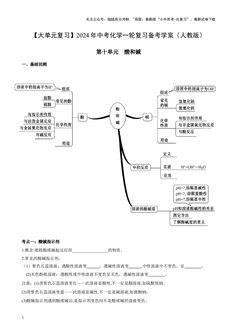 第十单元+酸和碱-大单元复习2024年中考化学一轮复习备考学案（人教版）_02中考总复习（2026版更新中）_05-化学-中考总复习_2024年中考复习资料_一轮复习资料