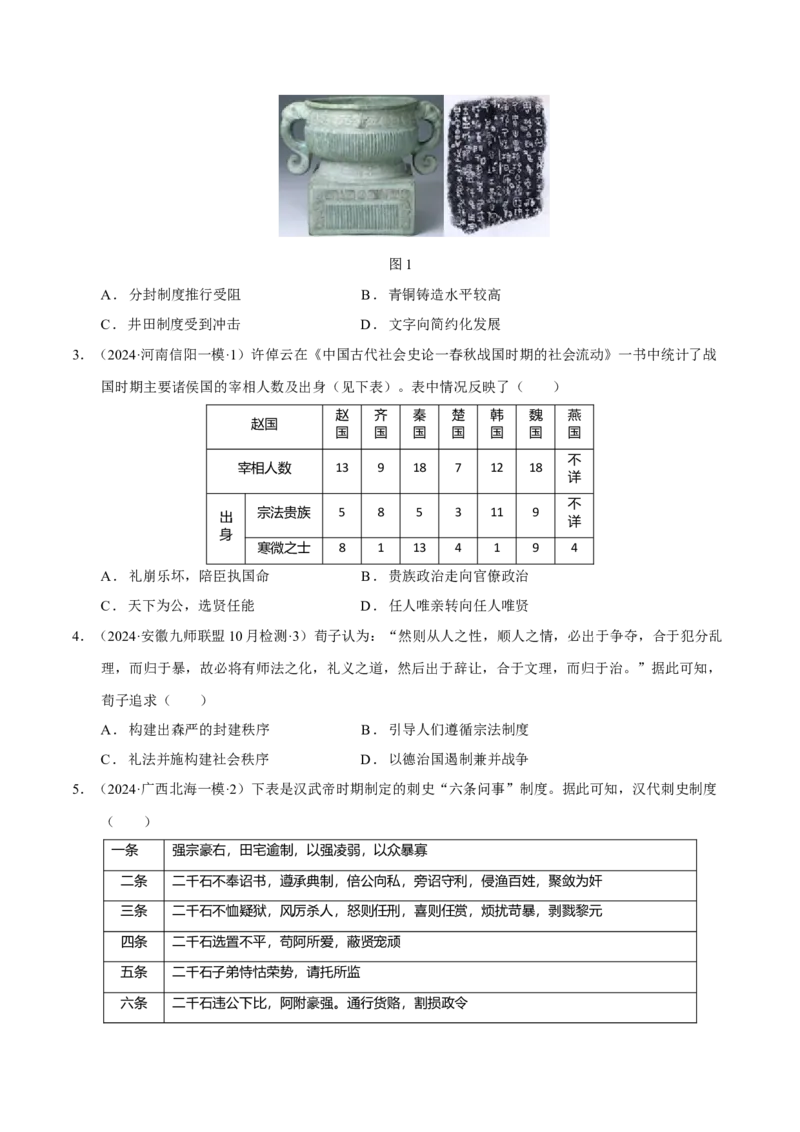 专题01先秦至秦汉：中华文明的起源到统一的多民族封建国家的建立（分层练）（原卷版）_07高考历史_新高考复习资料_2024年新高考复习资料_二轮复习资料_分层练