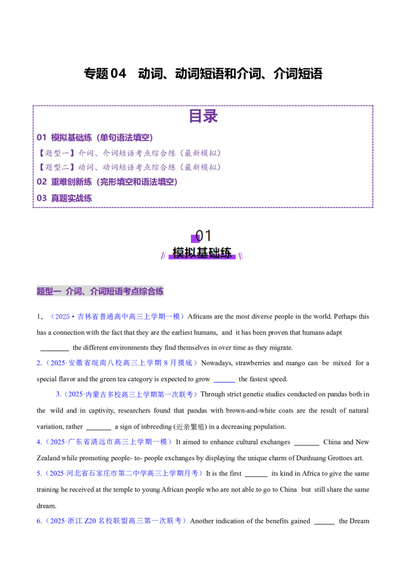 专题04动词、动词短语和介词、介词短语（练习）（原卷版）_02高考数学_2025年新高考资料_二轮复习_01高考语文等多个文件_上好课2025年高考英语二轮复习讲练测（新高考通用）