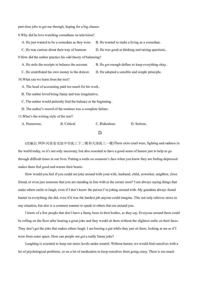 M6Unit1Laughterisgoodforyou(测)-2022年高考英语一轮复习讲练测(新高考&bull;江苏)(原卷)_03高考英语_新高考复习资料_2022年新高考资料_2022年新高考英语一轮复习