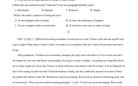 M6Unit1Laughterisgoodforyou(测)-2022年高考英语一轮复习讲练测(新高考&bull;江苏)(原卷)_03高考英语_新高考复习资料_2022年新高考资料_2022年新高考英语一轮复习