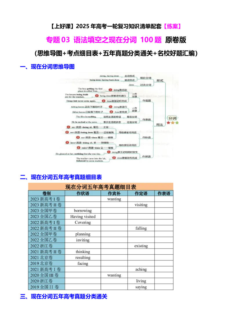 专题03语法填空之现在分词100题（练案）原卷版_03高考英语_2025年新高考资料_一轮复习_上好课2025年高考英语一轮复习知识清单323949989