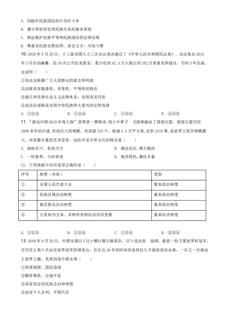 2020年贵州省遵义市中考道德与法治试题（原卷版）_贵州中考_9.贵州中考道法（2008-2024）_遵义道法1518-22