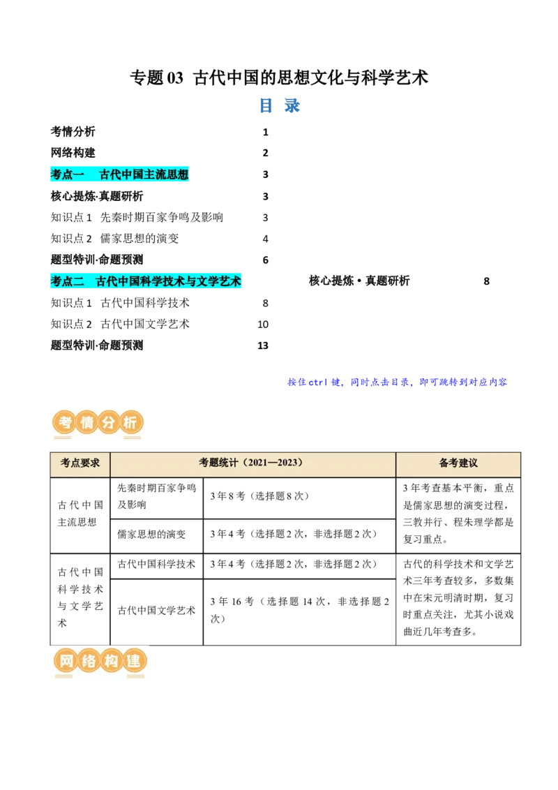专题03古代中国的思想文化与科学艺术（讲义）（原卷版）_07高考历史_2024年新高考资料_2.2024二轮复习_2024年高考历史二轮复习讲练测（新教材新高考）