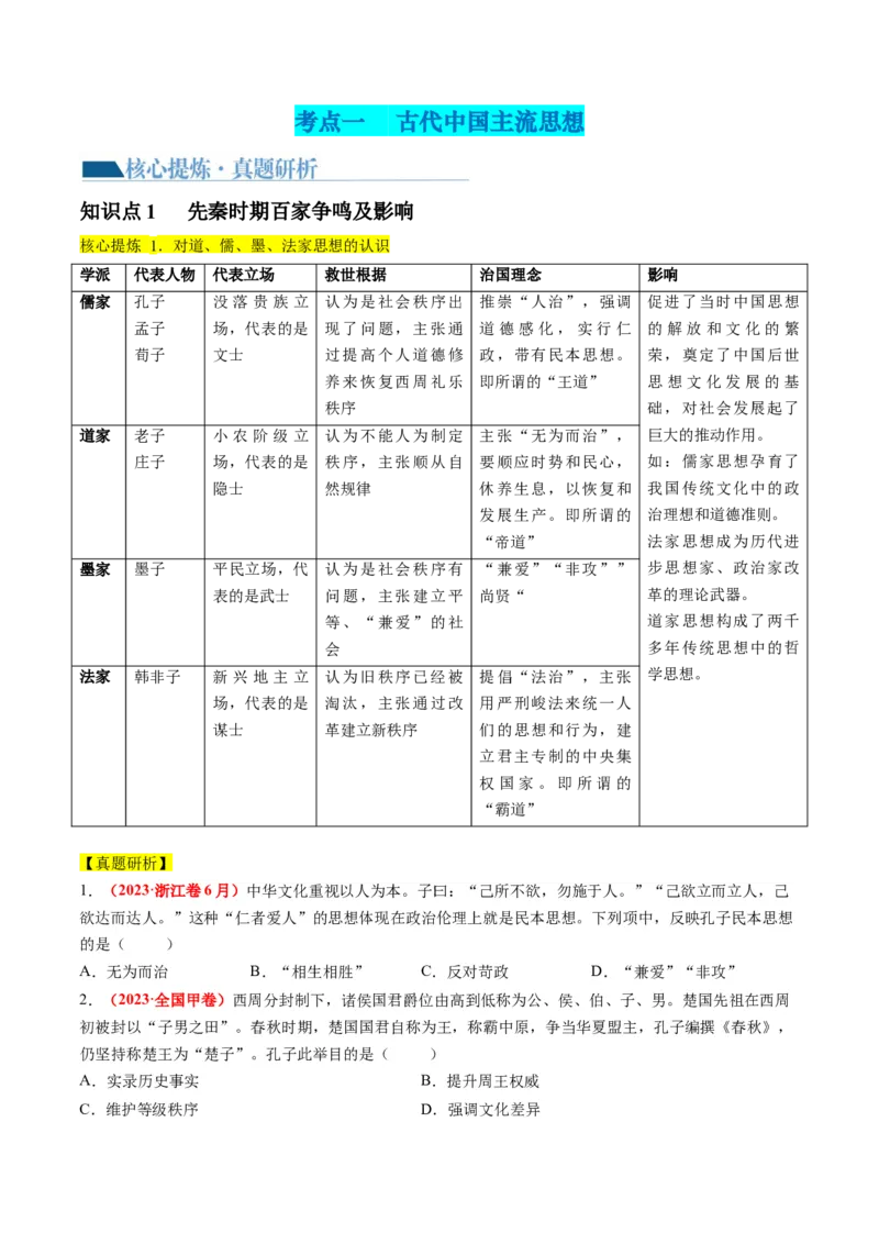 专题03古代中国的思想文化与科学艺术（讲义）（原卷版）_07高考历史_2024年新高考资料_2.2024二轮复习_2024年高考历史二轮复习讲练测（新教材新高考）