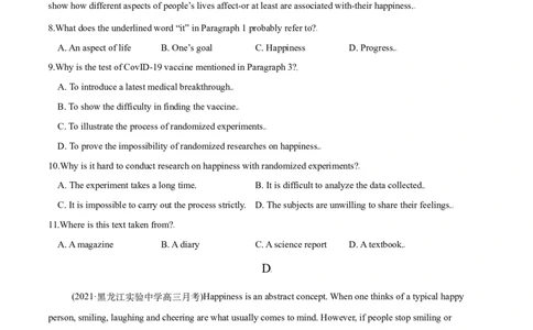M6Unit2Whatishappinesstoyou(测)-2022年高考英语一轮复习讲练测(新高考&bull;江苏)(原卷)_03高考英语_新高考复习资料_2022年新高考资料_2022年新高考英语一轮复习