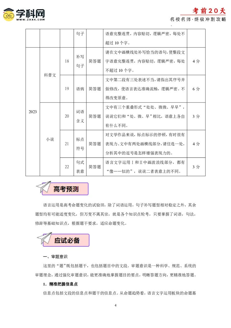 语文（四）-2024年高考考前20天终极冲刺攻略_2024高考押题卷_62024学科网全系列_20学科网高考考前终极攻略_语文-2024年高考考前20天终极冲刺攻略
