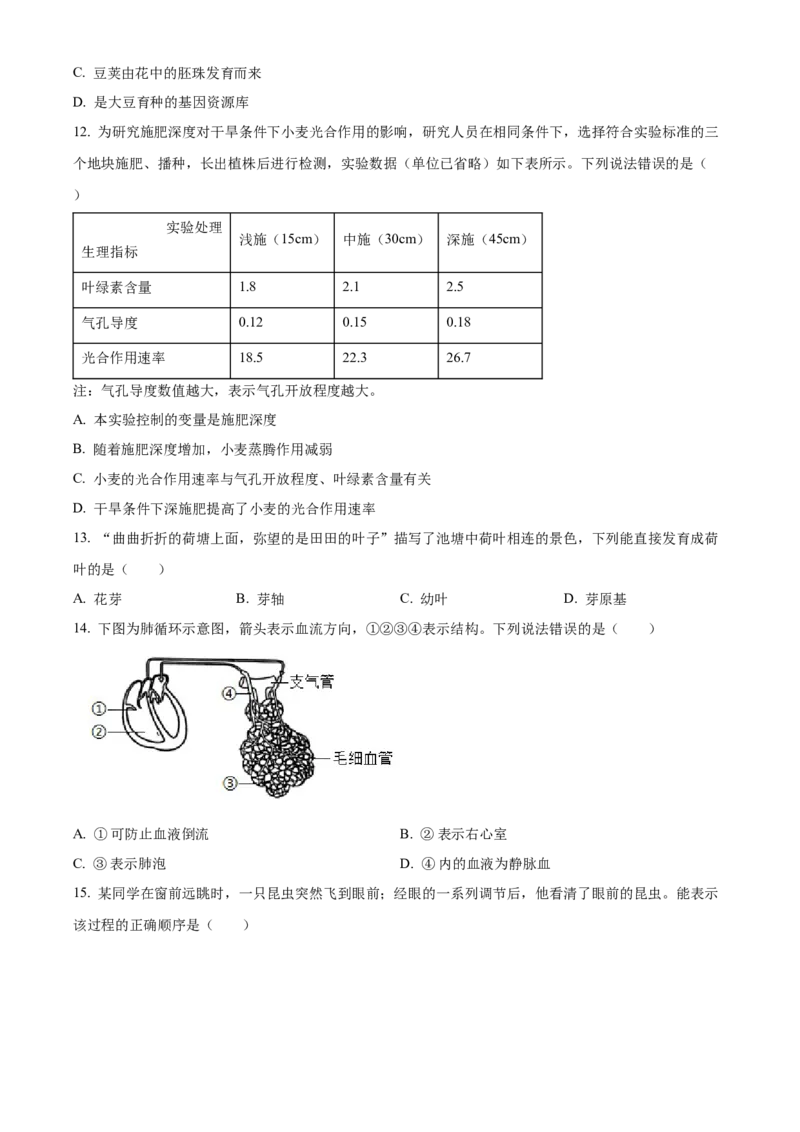 2024年河北省中考生物真题（原卷版）_河北中考_6.河北生物2015-2024年卷