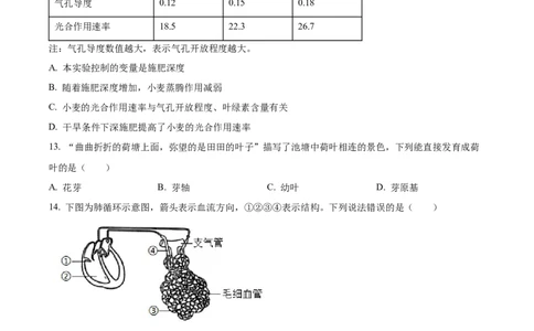 2024年河北省中考生物真题（原卷版）_河北中考_6.河北生物2015-2024年卷