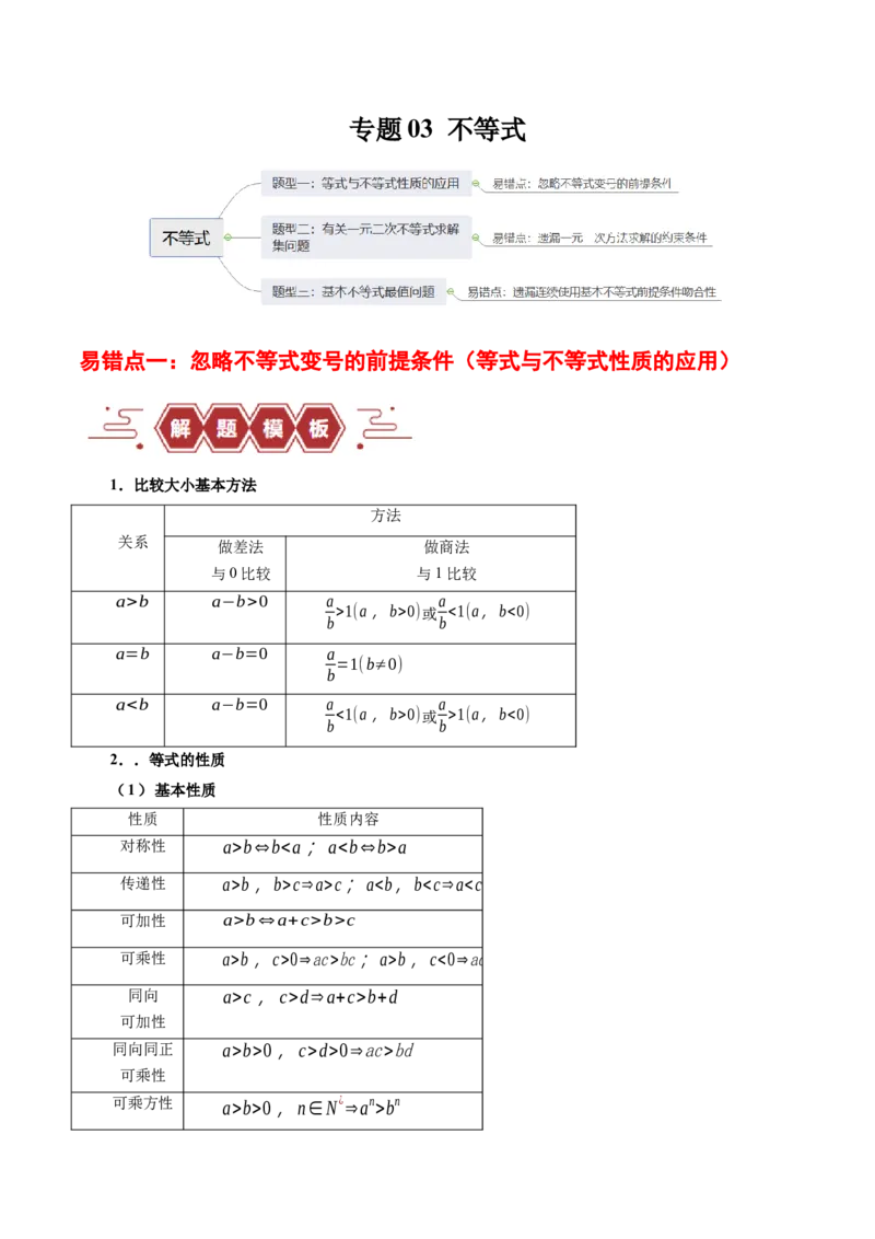 专题03不等式（3大易错点分析+解题模板+举一反三+易错题通关）-备战2024年高考数学考试易错题（新高考专用）（原卷版）_02高考数学_新高考复习资料_2024年新高考资料_专项复习资料