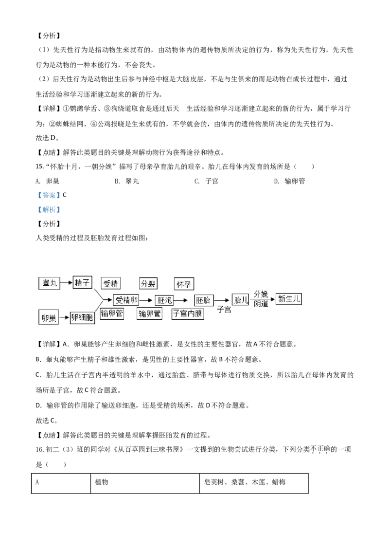 2020年陕西省中考生物真题（解析卷）_陕西_6.陕西中考生物（2016-2025）