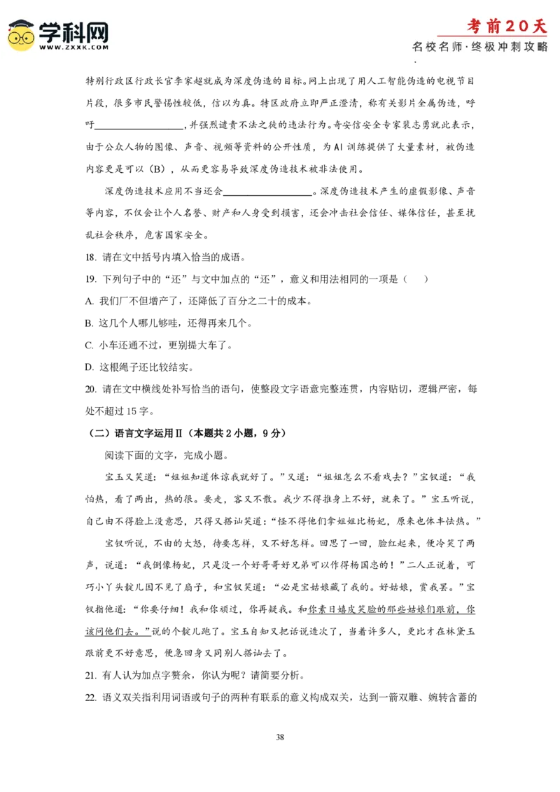语文（四）-2024年高考考前20天终极冲刺攻略_2024高考押题卷_62024学科网全系列_21学科网高考考前终极攻略_语文-2024年高考考前20天终极冲刺攻略