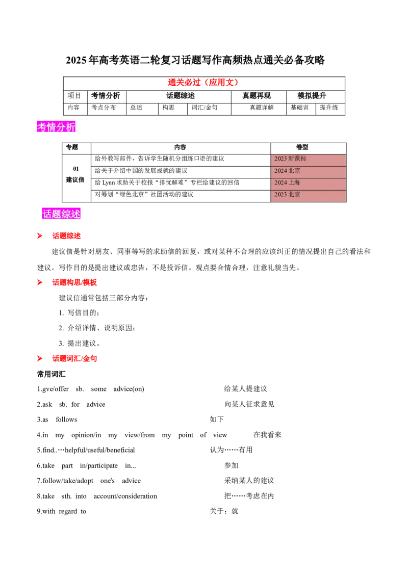 专题01建议信(应用文）-2025年高考英语二轮复习话题写作高频热点通关必备（原卷版）_03高考英语_2025年新高考资料_二轮复习