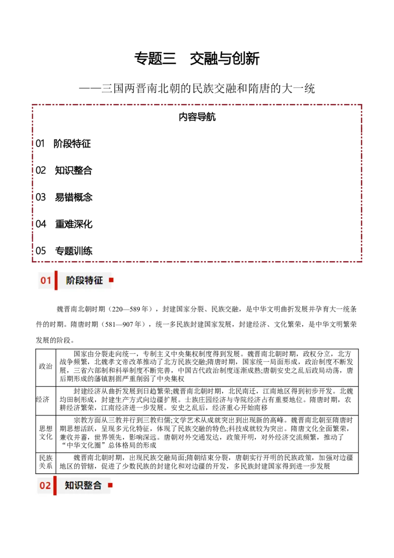 专题03+交融与创新&mdash;&mdash;三国两晋南北朝的民族交融和隋唐大一统知识大盘点+专题特训2024年高考历史三轮冲刺docx_07高考历史_2024年新高考资料_52024三轮冲刺