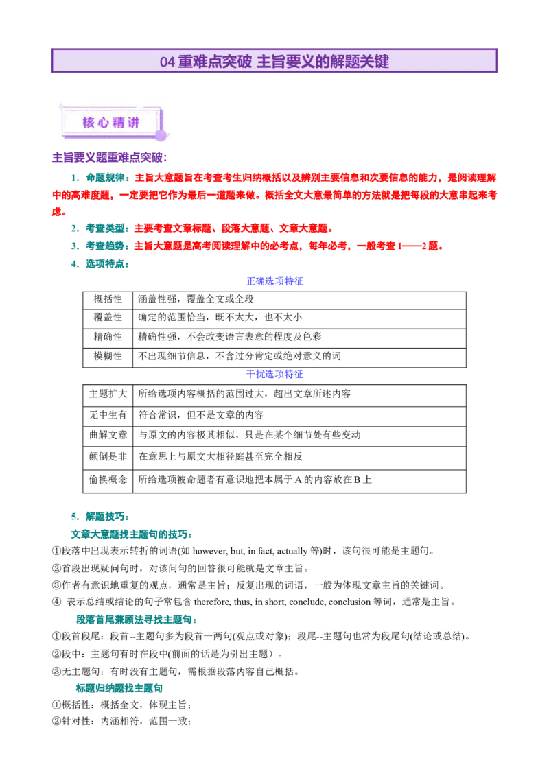 专题02阅读理解之主旨大意题（讲义）（原卷版）_03高考英语_2025年新高考资料_二轮复习_上好课2025年高考英语二轮复习讲练测（新高考通用）3378522_第四部分阅读理解