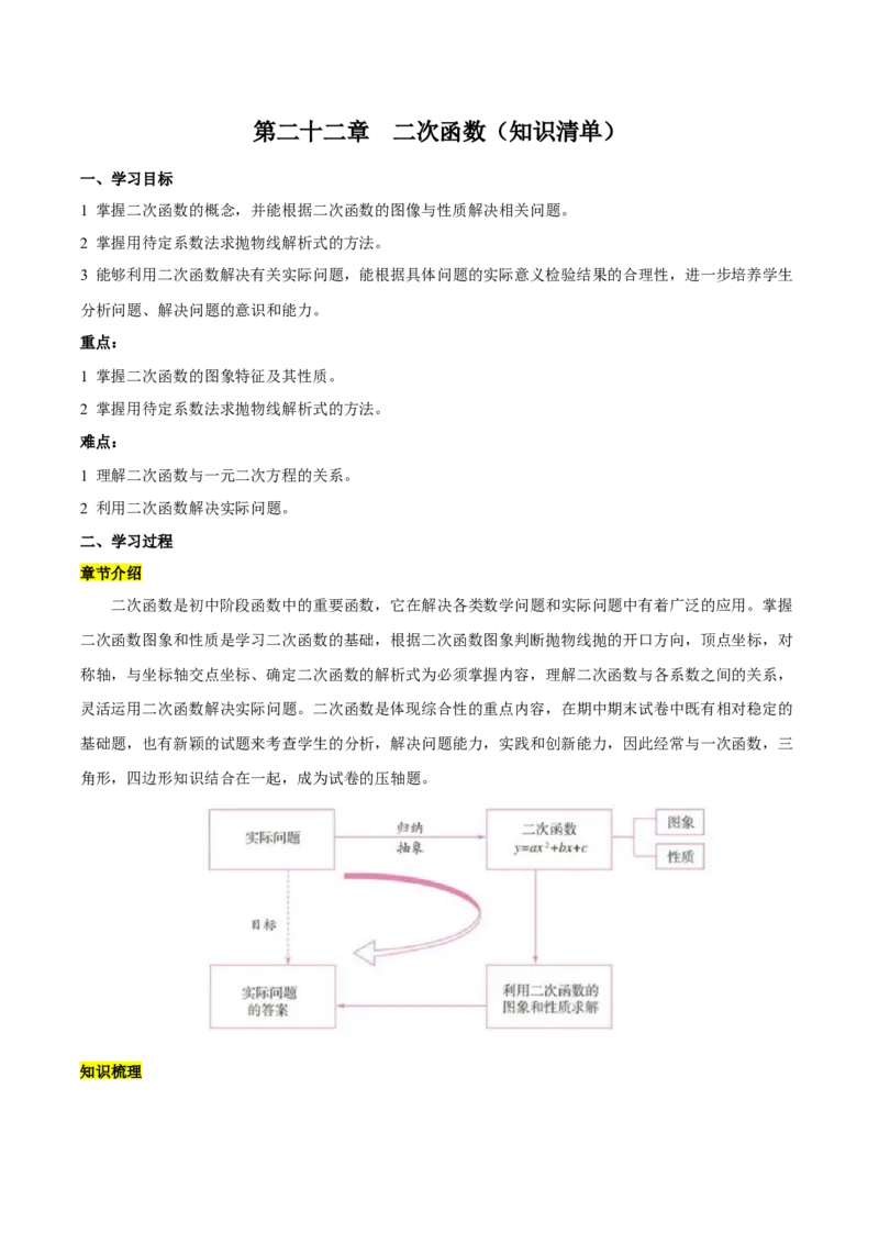 第二十二章二次函数（知识清单）原卷版-（人教版）_初中数学_九年级数学上册（人教版）_知识点总结_知识清单