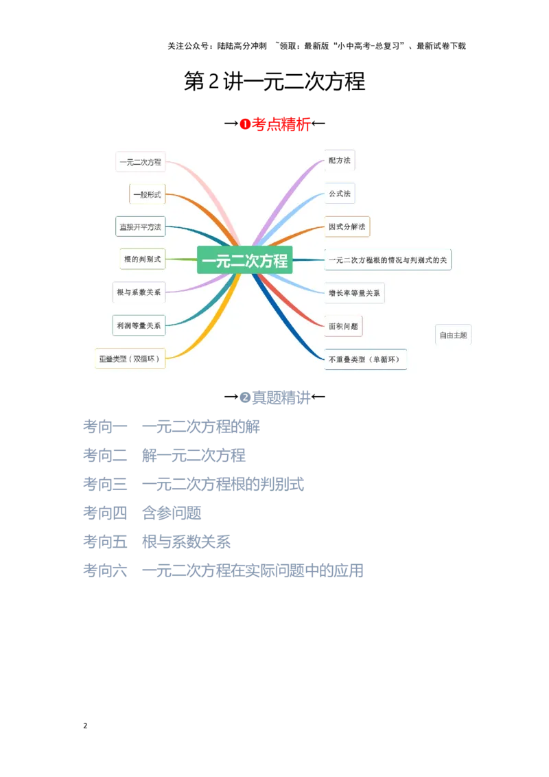 第2讲一元二次方程（考点精析+真题精讲）（原卷版）_02中考总复习（2026版更新中）_02-数学-中考总复习_2024年中考复习资料_一轮复习资料_第二章方程（组）与不等式（组）