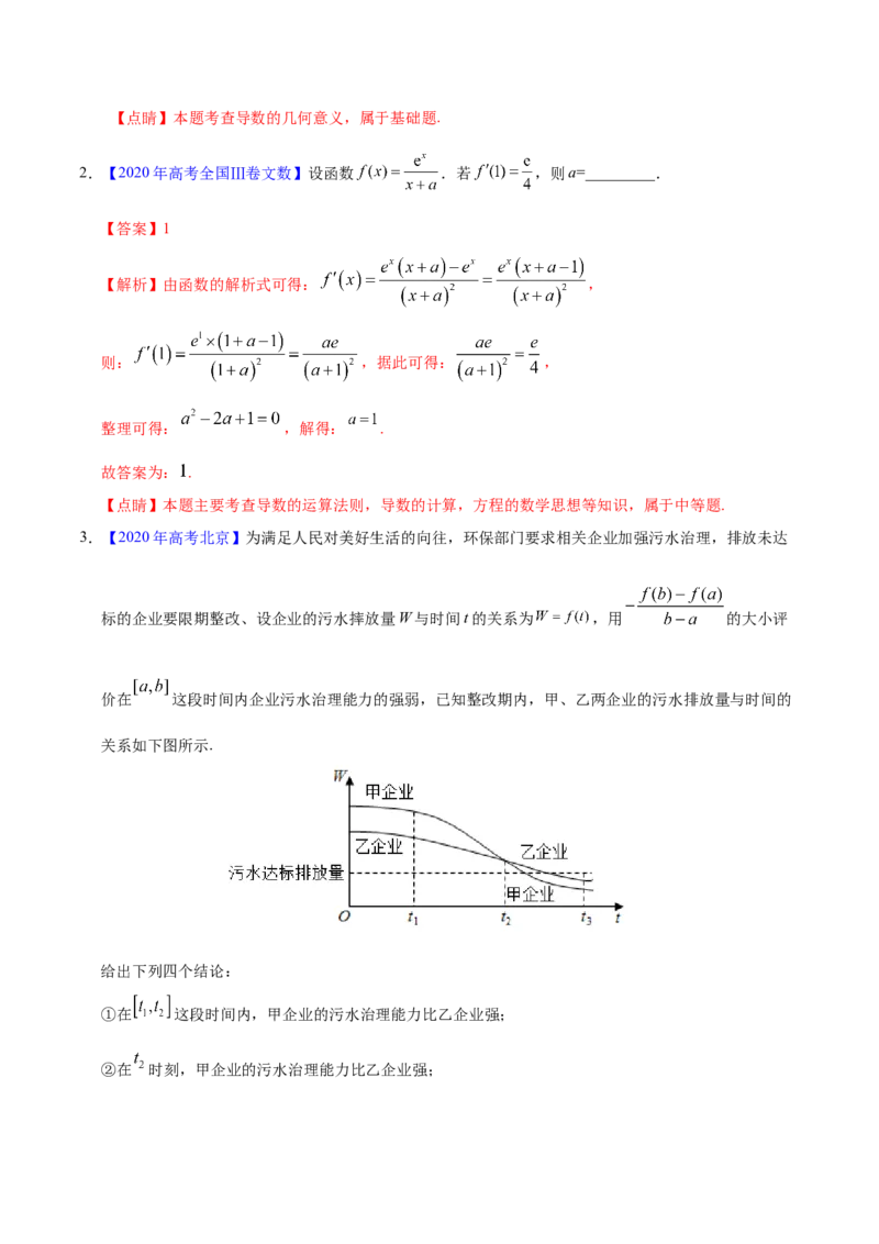 专题03导数及其应用&mdash;&mdash;2020年高考真题和模拟题文科数学分项汇编（教师版含解析）_02高考数学_新高考复习资料_2022年新高考资料_2022年一轮复习各版本